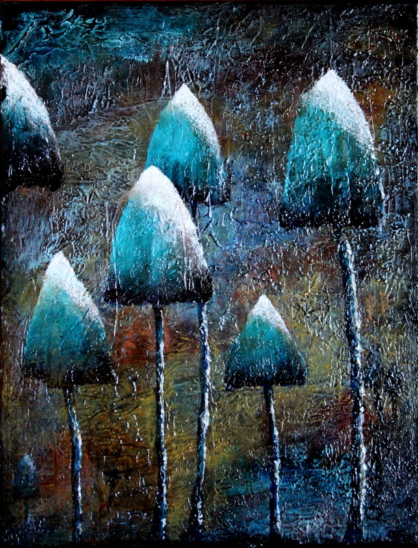 THE SECRECT MUSHROOM FOREST Mixed media, textured, on cotton canvas. 35cm x 28cm x 1.5cm 13.75